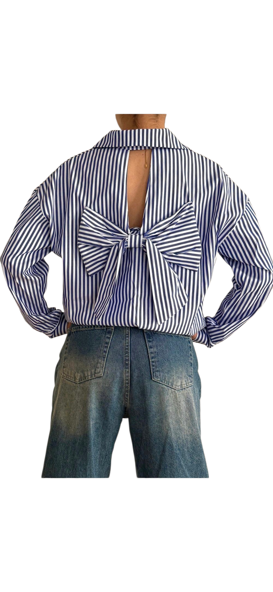 Bow back striped shirt in dark blue, light blue, green and pink