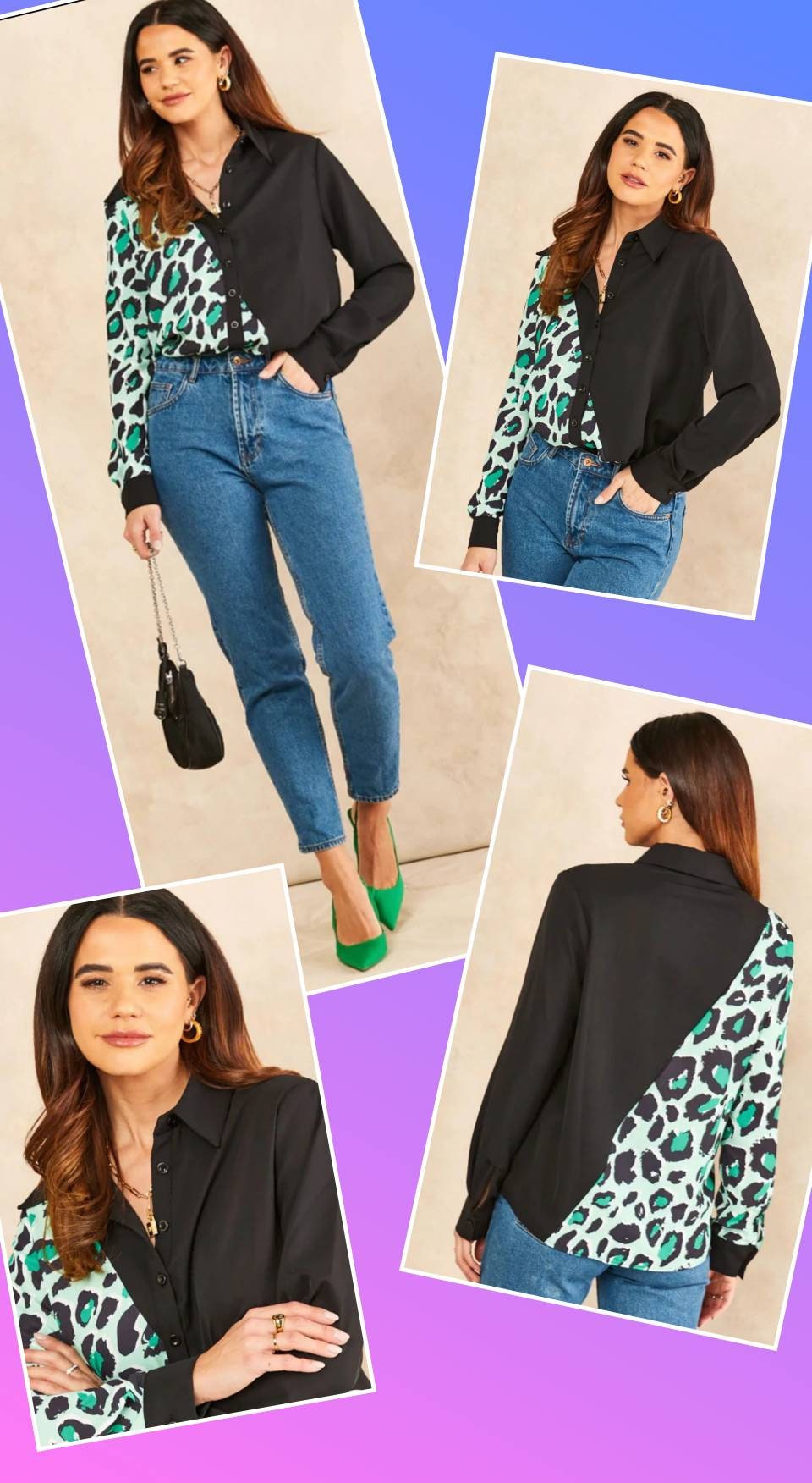 Blk and green leopard print blouse