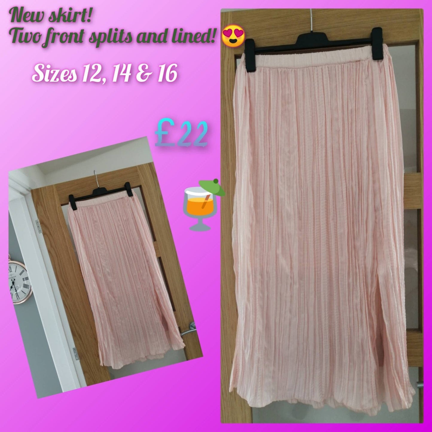 Peachy elasticated waist crinkle front split skirt with under skirt