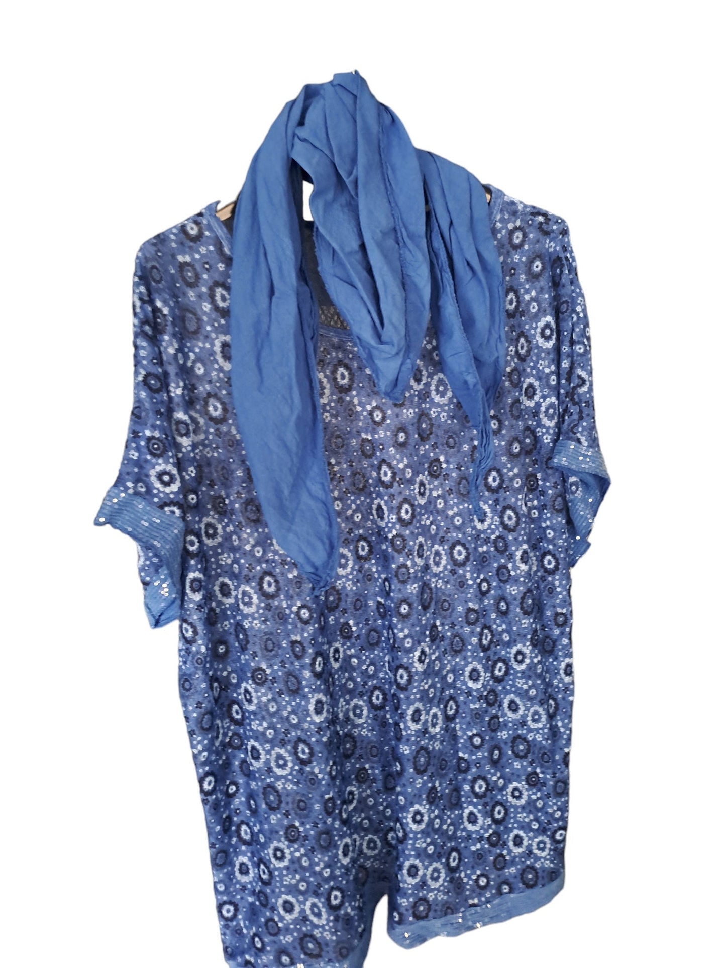 Printed thin knit with scarf and sequin trim hem - various colours