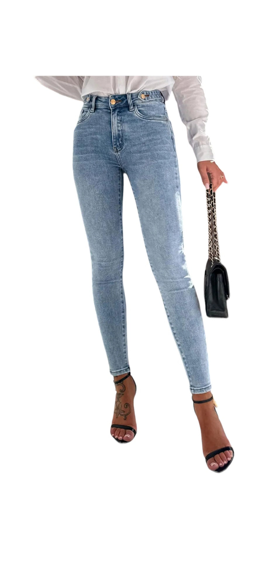 Skinny light blue jeans with gold buttons