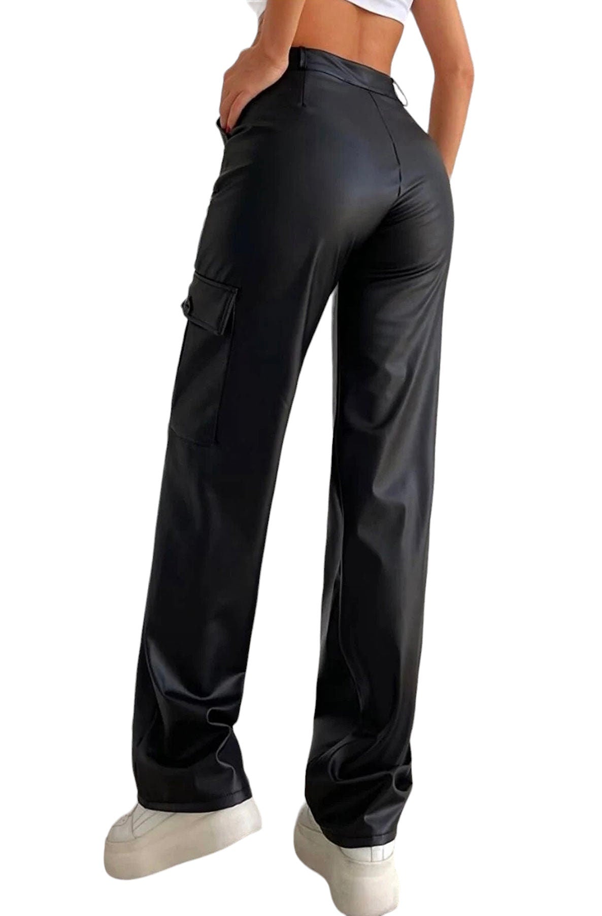 Faux leather wide leg cargo trousers