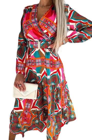 Satin wrap vibrant Sally dress with belt