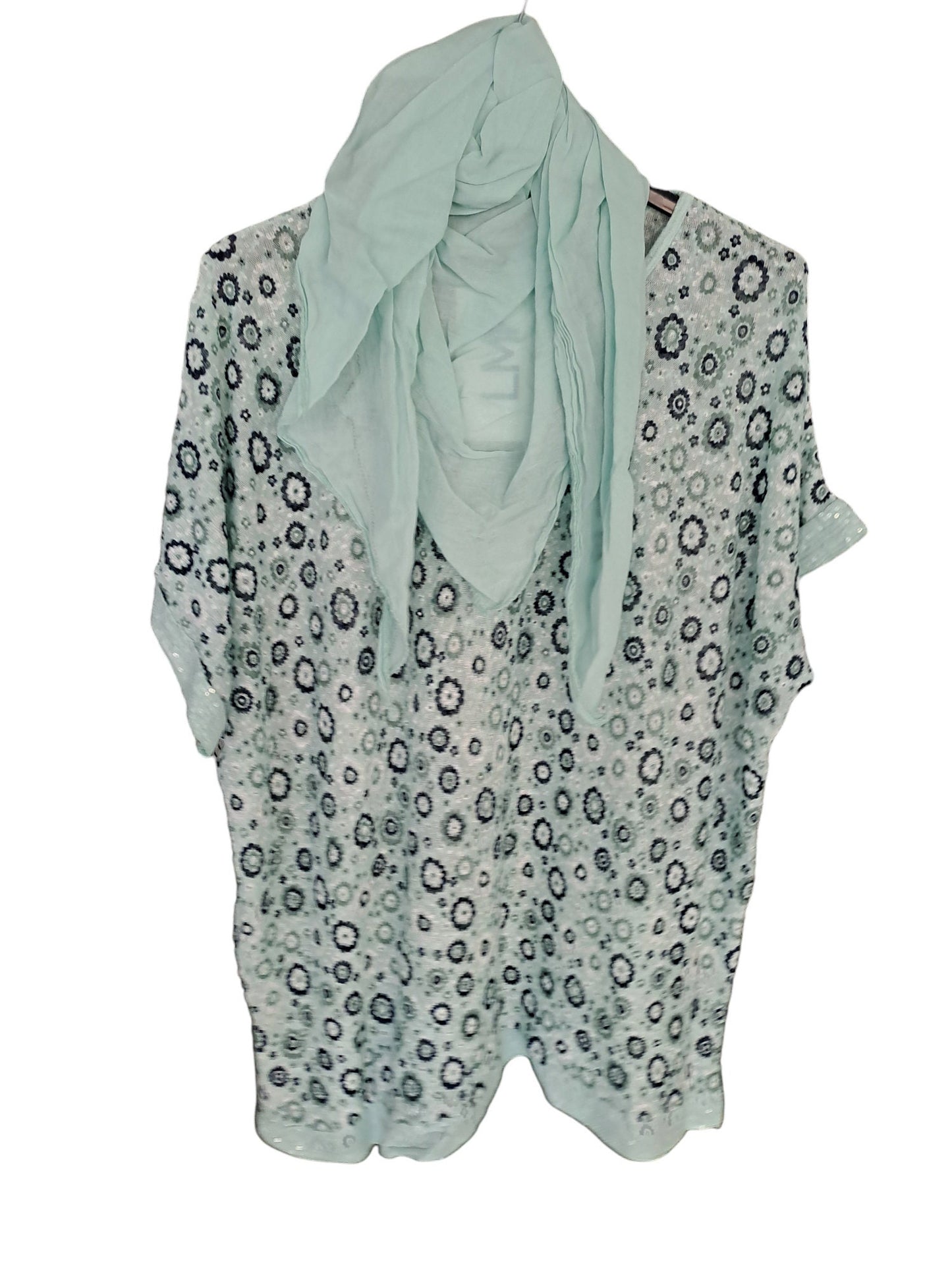 Printed thin knit with scarf and sequin trim hem - various colours