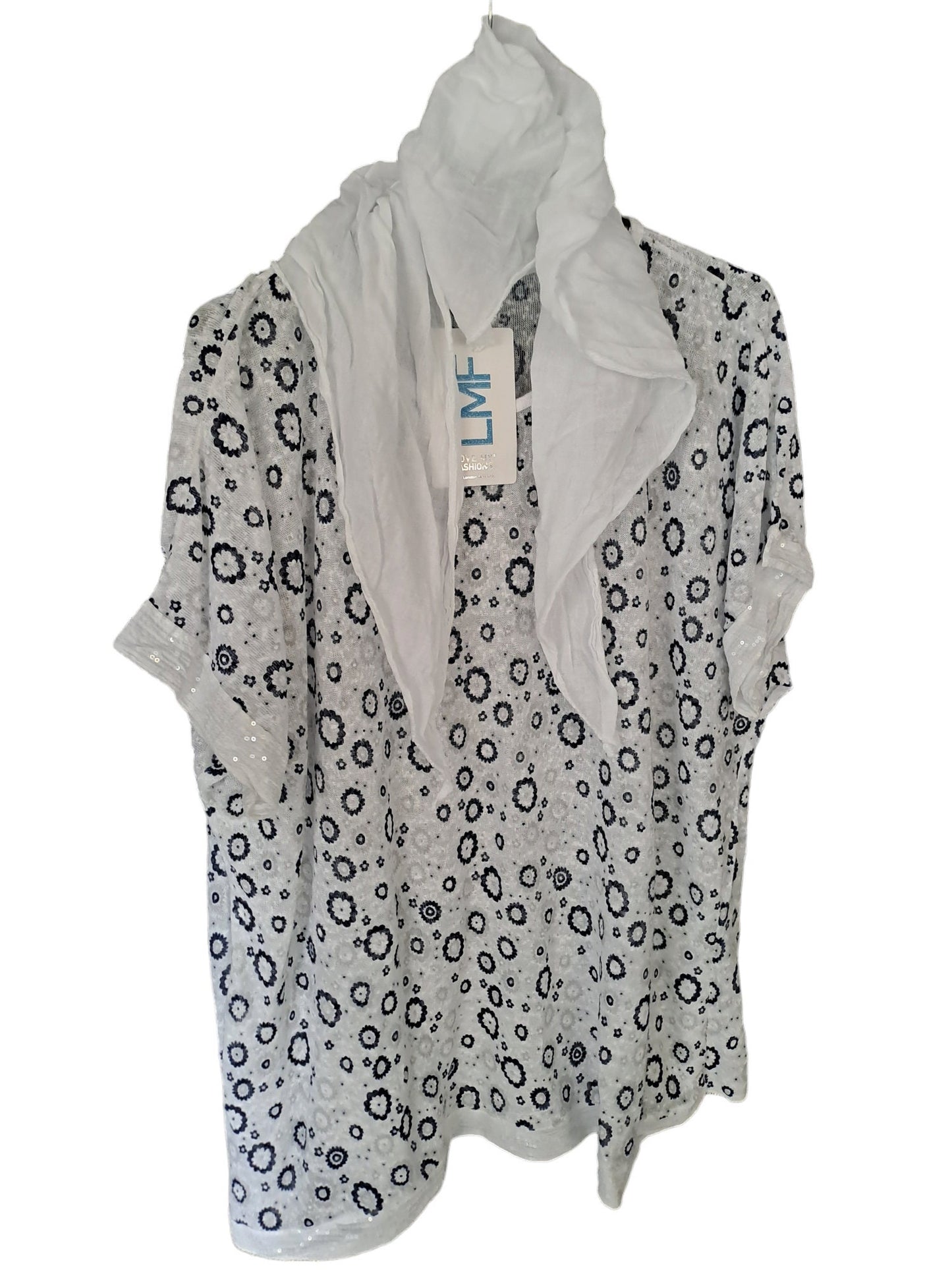 Printed thin knit with scarf and sequin trim hem - various colours