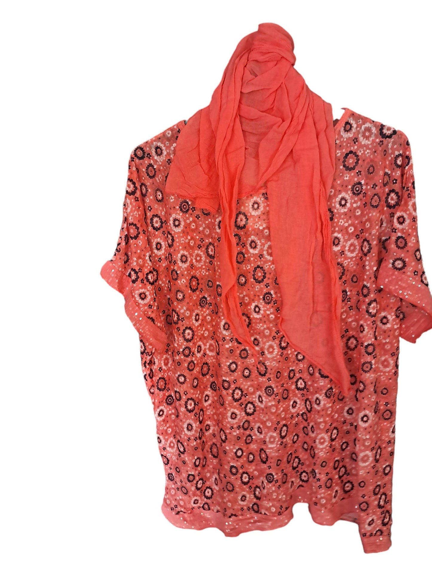 Printed thin knit with scarf and sequin trim hem - various colours