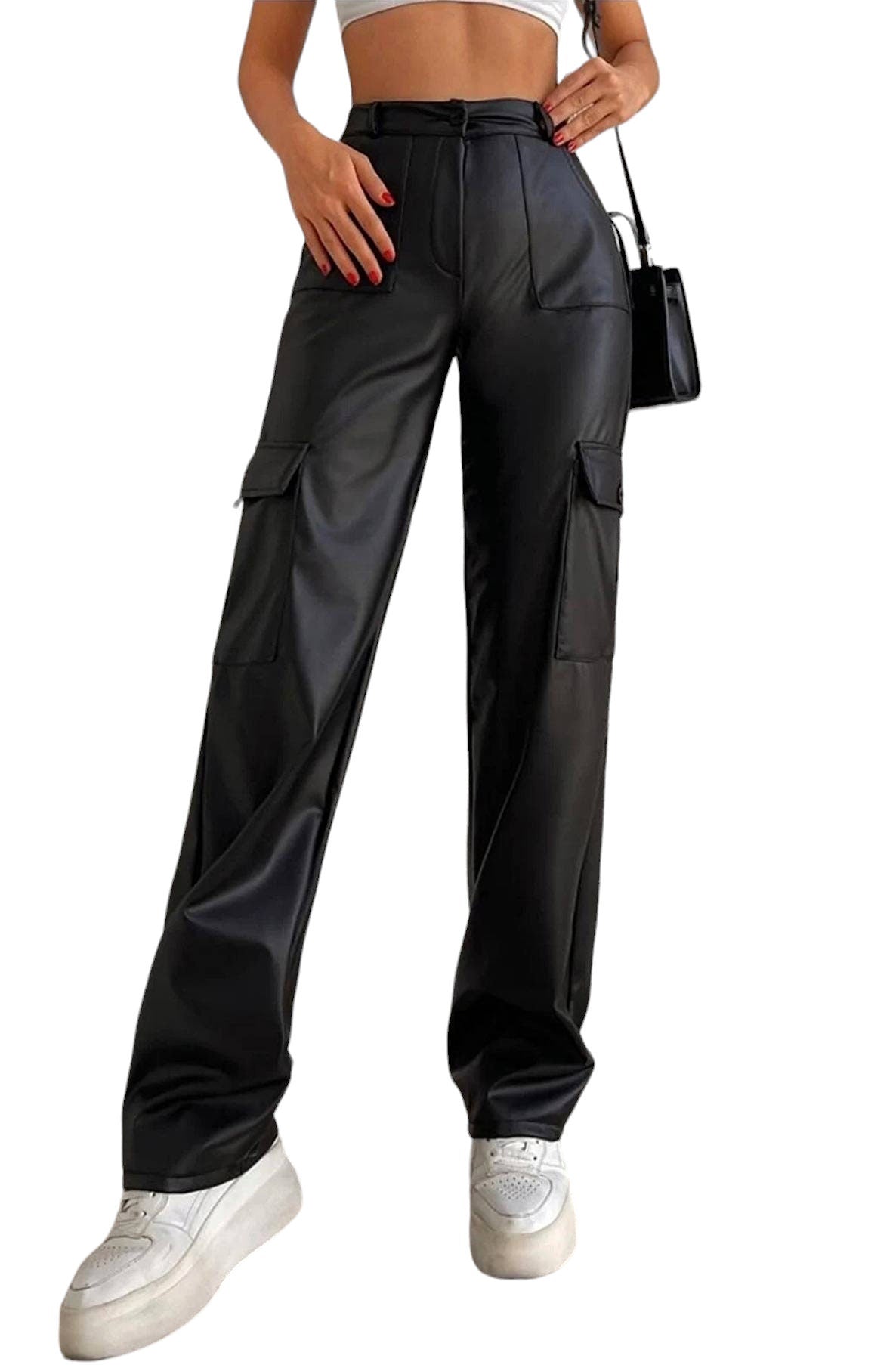 Faux leather wide leg cargo trousers