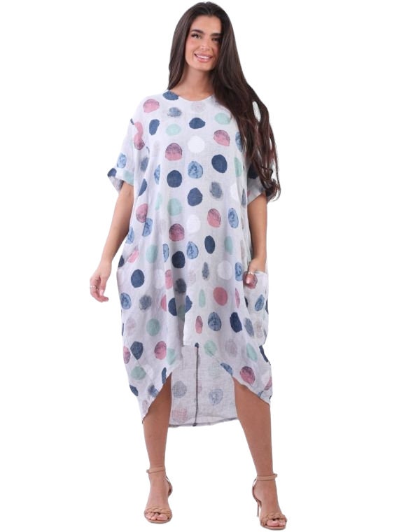 Curve range polka dot lagenlook linen dress