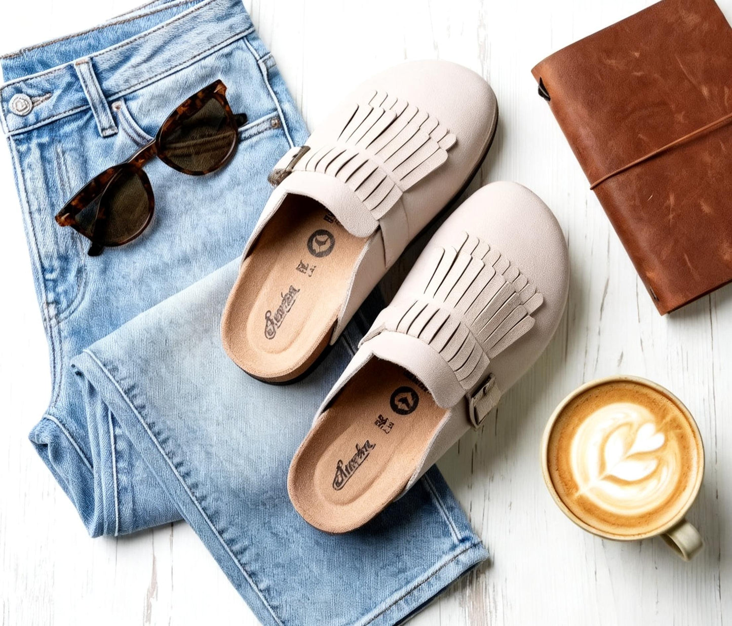 Suede effect fringe mule in stone