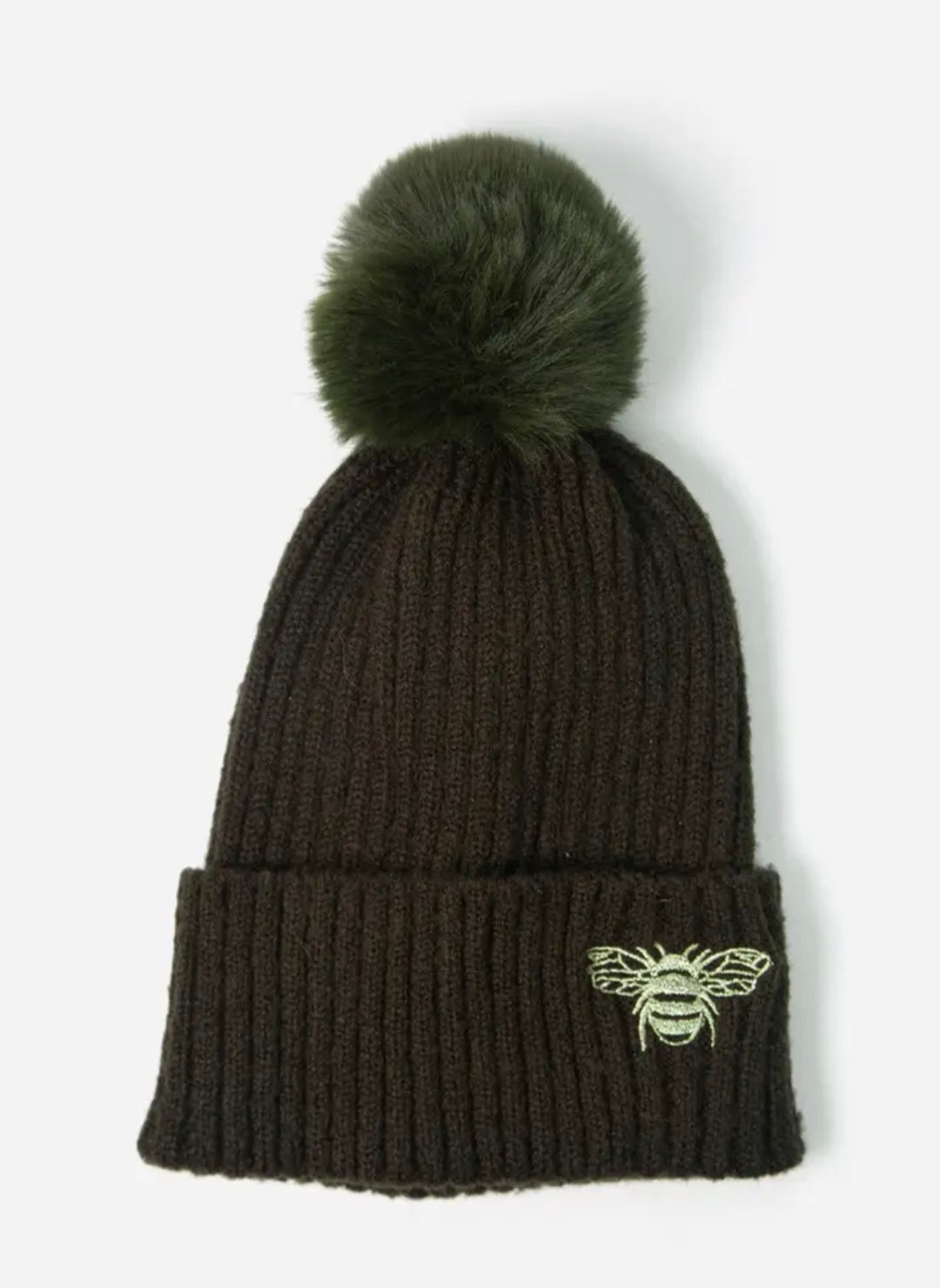 Bumble bee bobble hat in grey, khaki and black