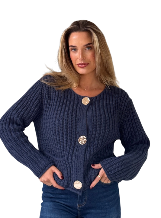 Chunky cable navy cardi with gold buttons