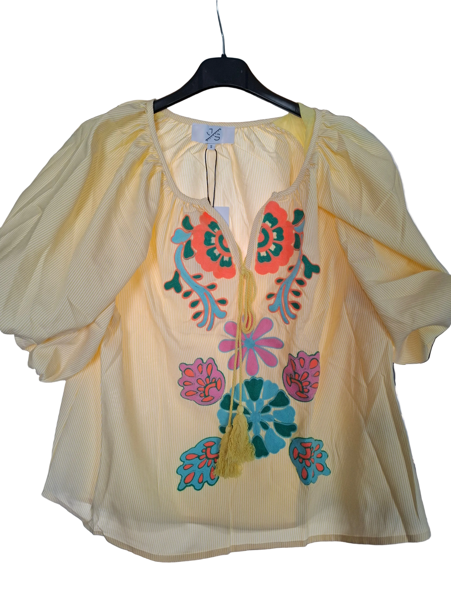 Striped puff sleeve blouse with floral embroidery in blue and yellow