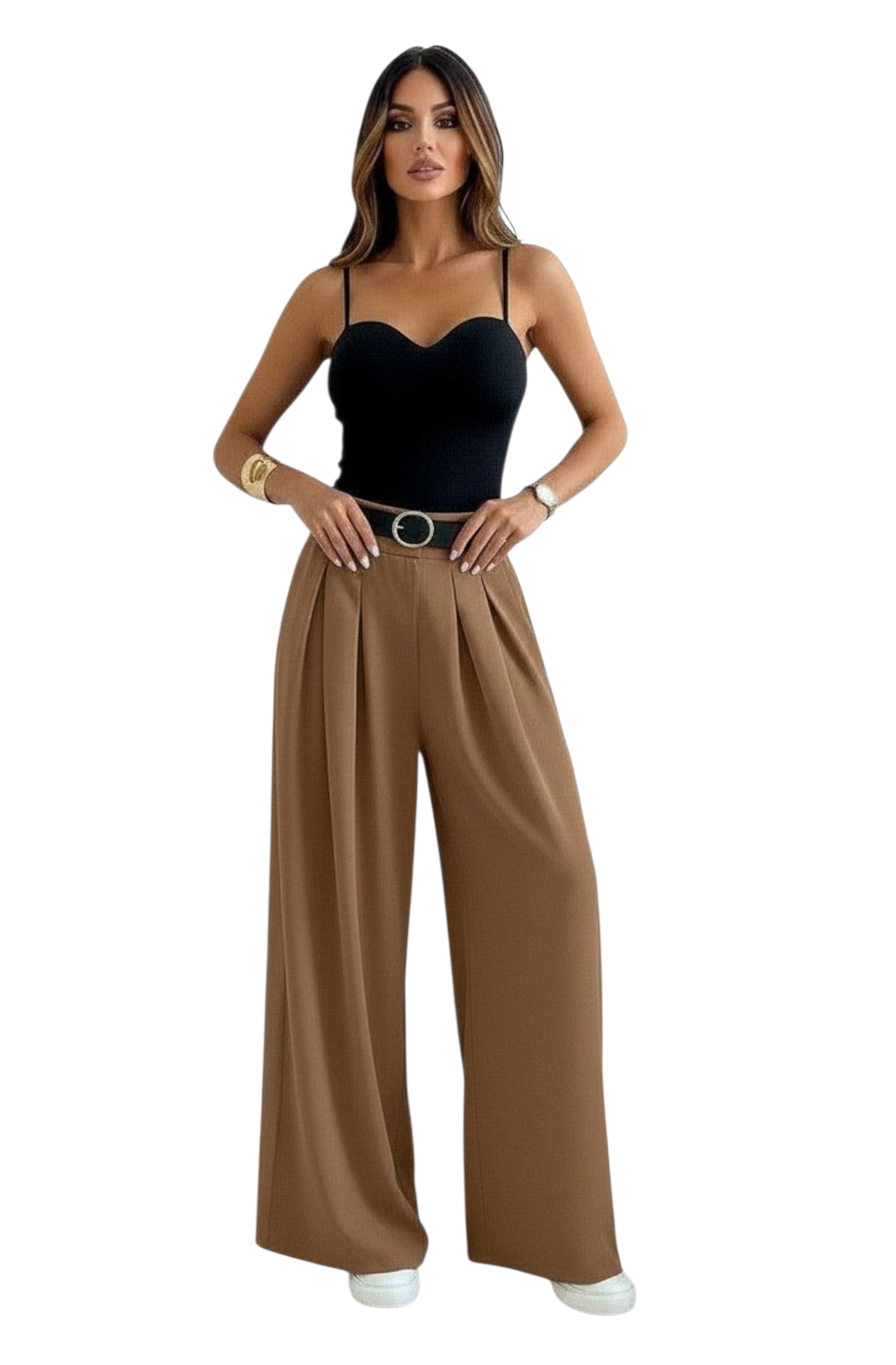 Belted wideleg trousers in stone, camel, mint and black