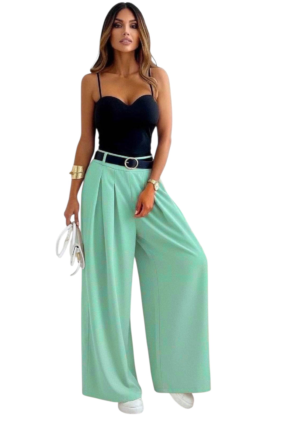 Belted wideleg trousers in stone, camel, mint and black