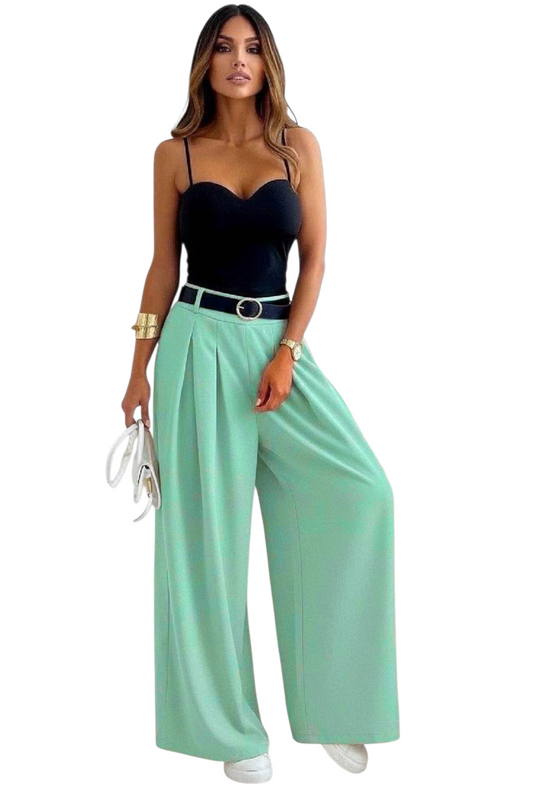 Belted wideleg trousers in stone, camel, mint and black
