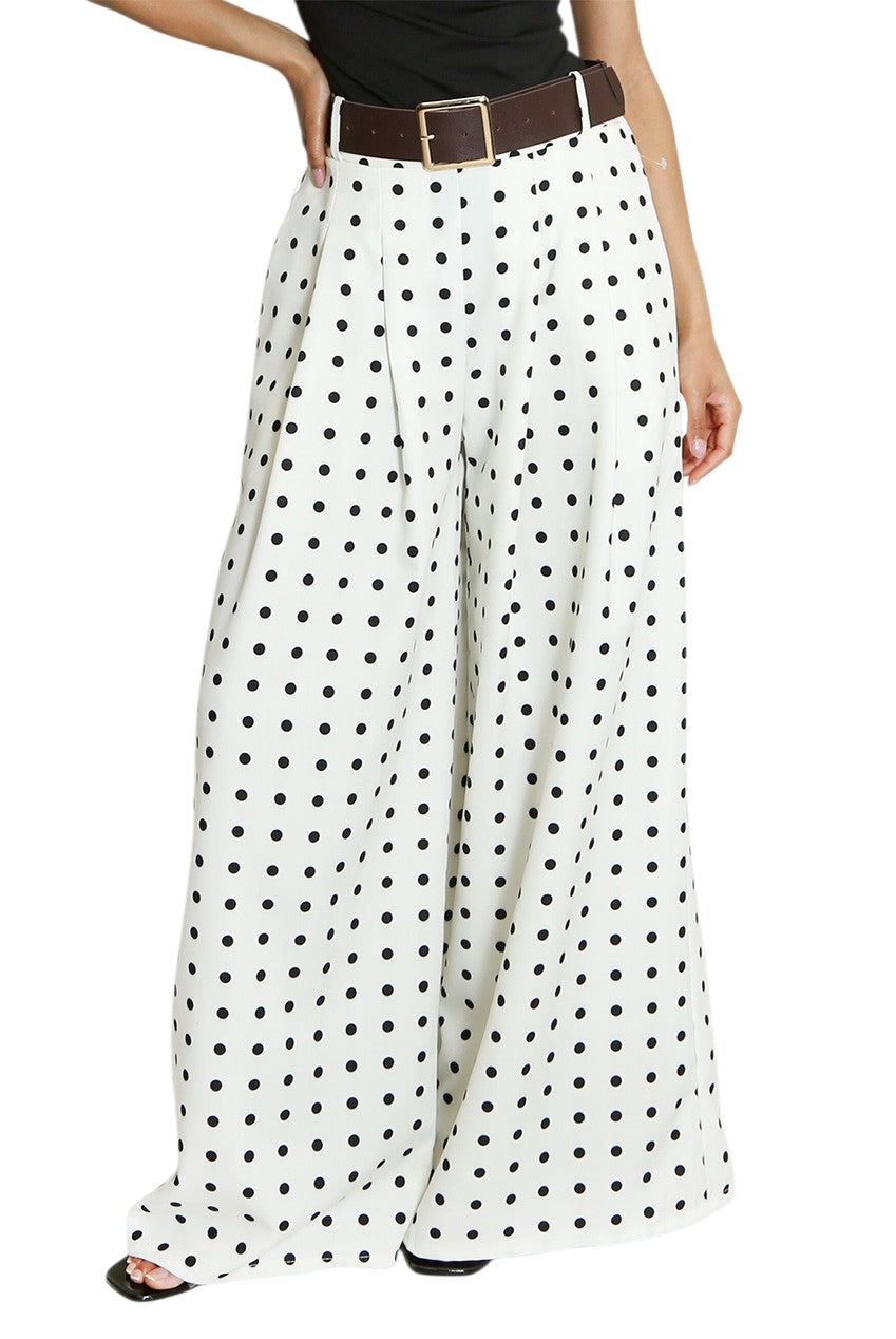 Polka dot trousers with brown belt in cream, brown and black