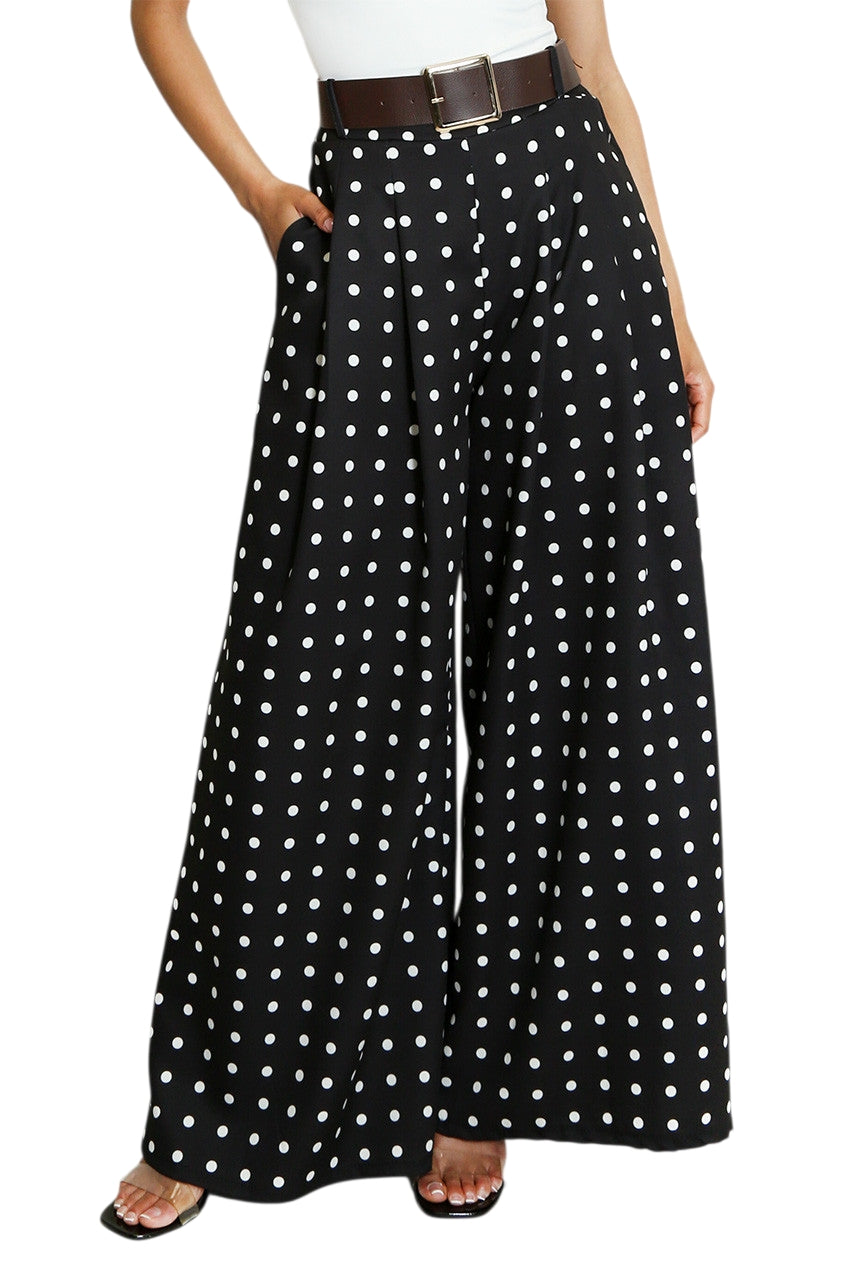 Polka dot trousers with brown belt in cream, brown and black