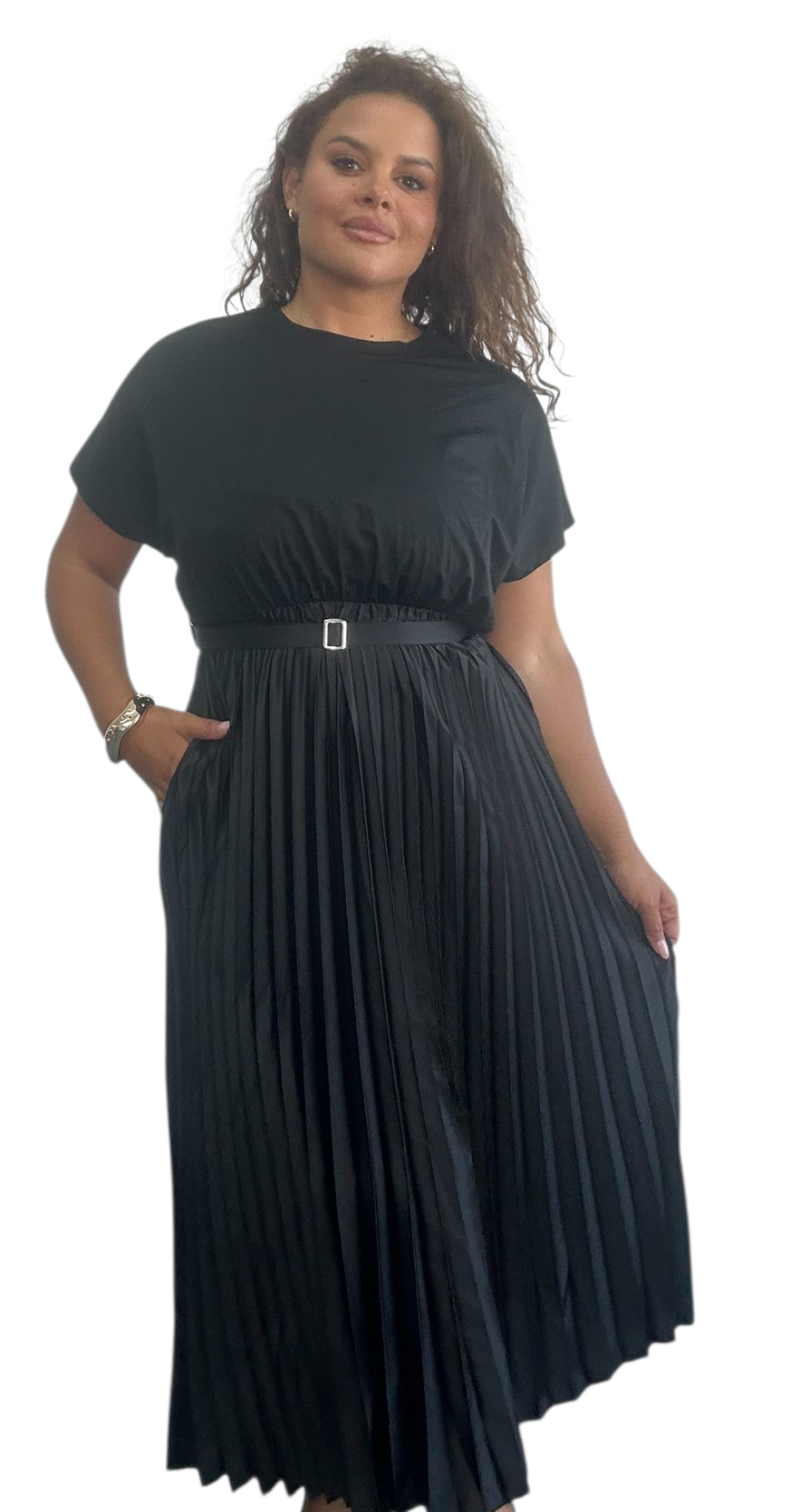 Curve pleated satin dress with t-shirt top in khaki, red, navy and black
