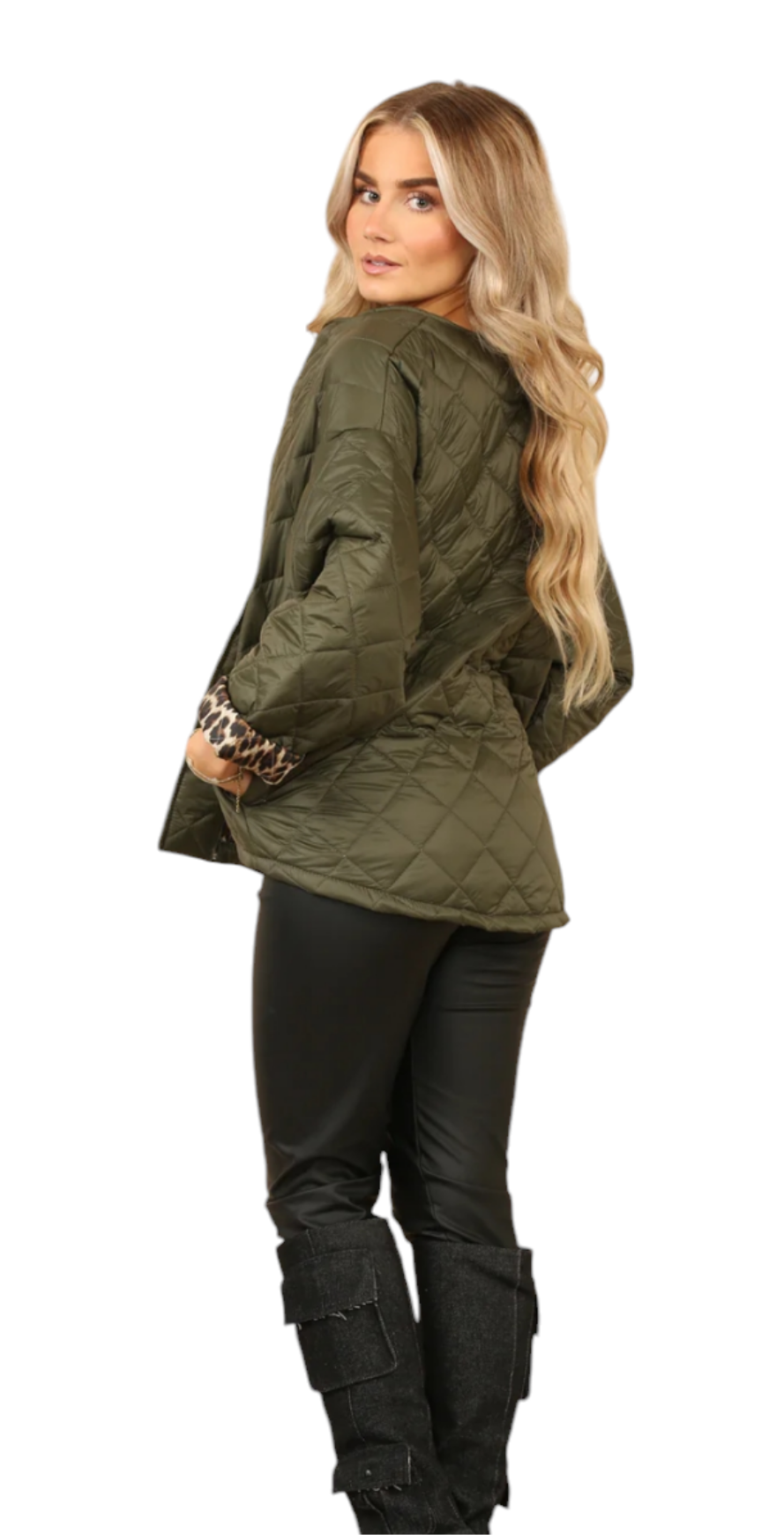 Quilted lightweight jacket with leopard trim - in two colours