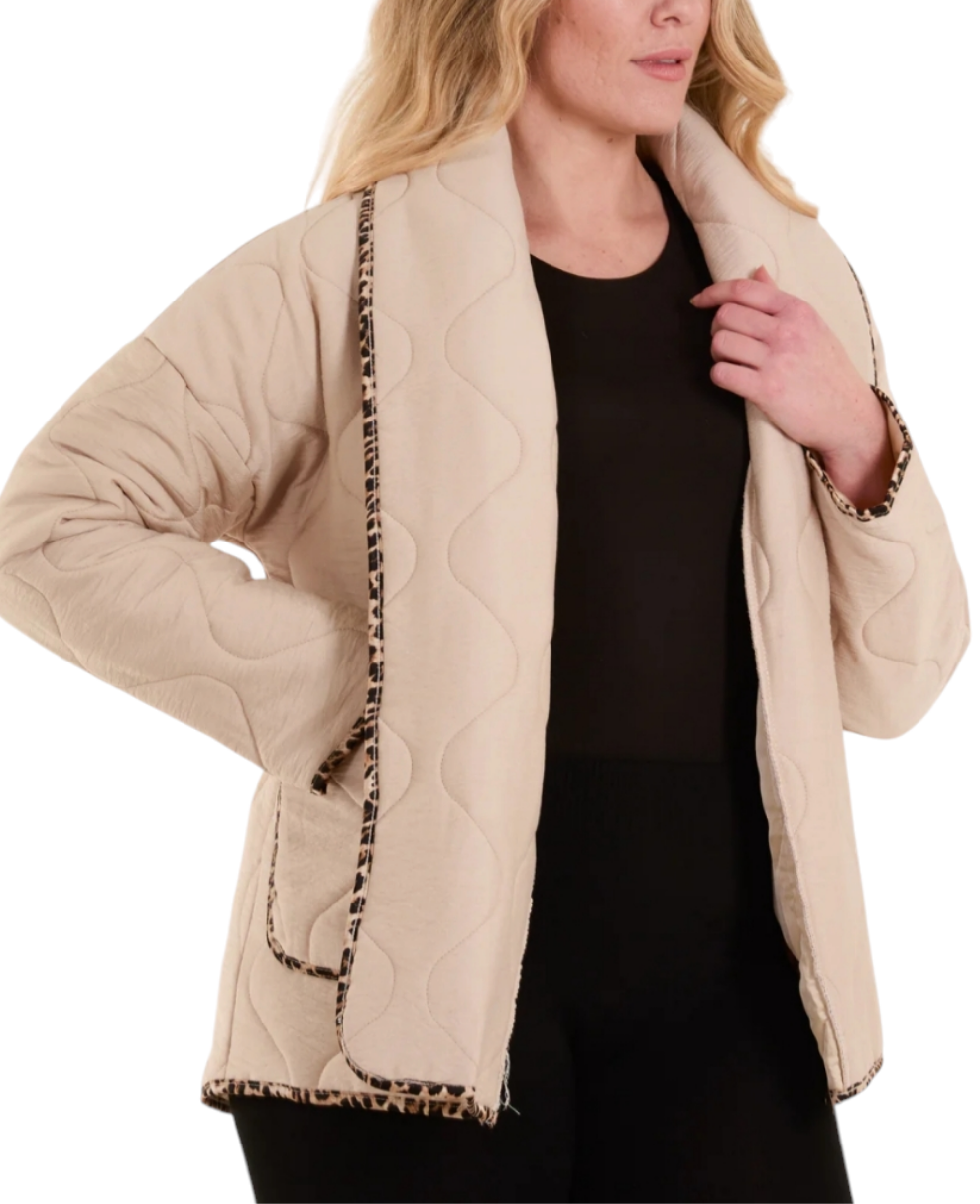 Leopard trim quilted jacket in cream