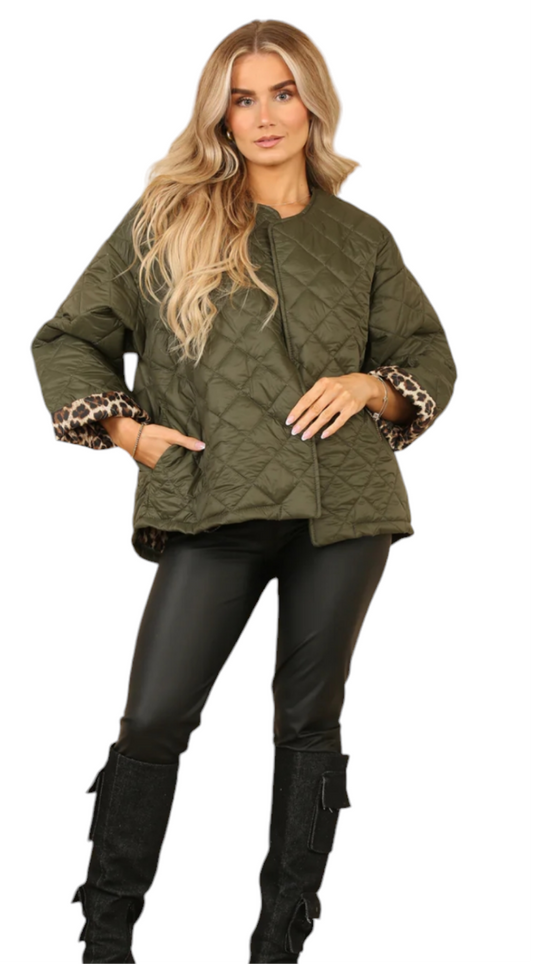 Quilted lightweight jacket with leopard trim - in two colours