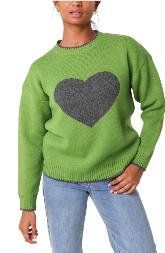 Heart crew neck jumper in apple green and grey