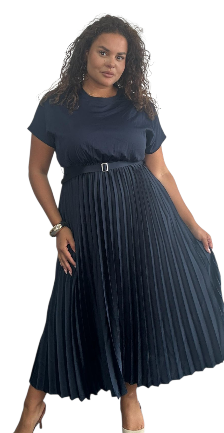 Curve pleated satin dress with t-shirt top in khaki, red, navy and black