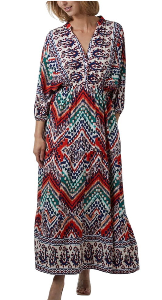 Aztec v-neck print tiered maxi dress