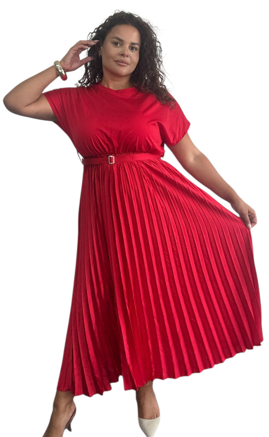 Curve pleated satin dress with t-shirt top in khaki, red, navy and black