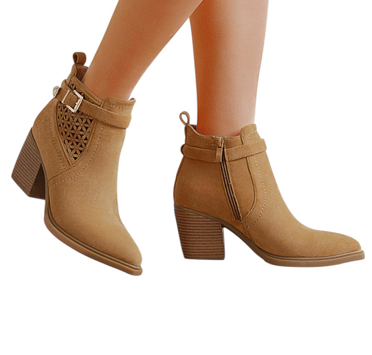 Patterned buckle ankle boot in camel