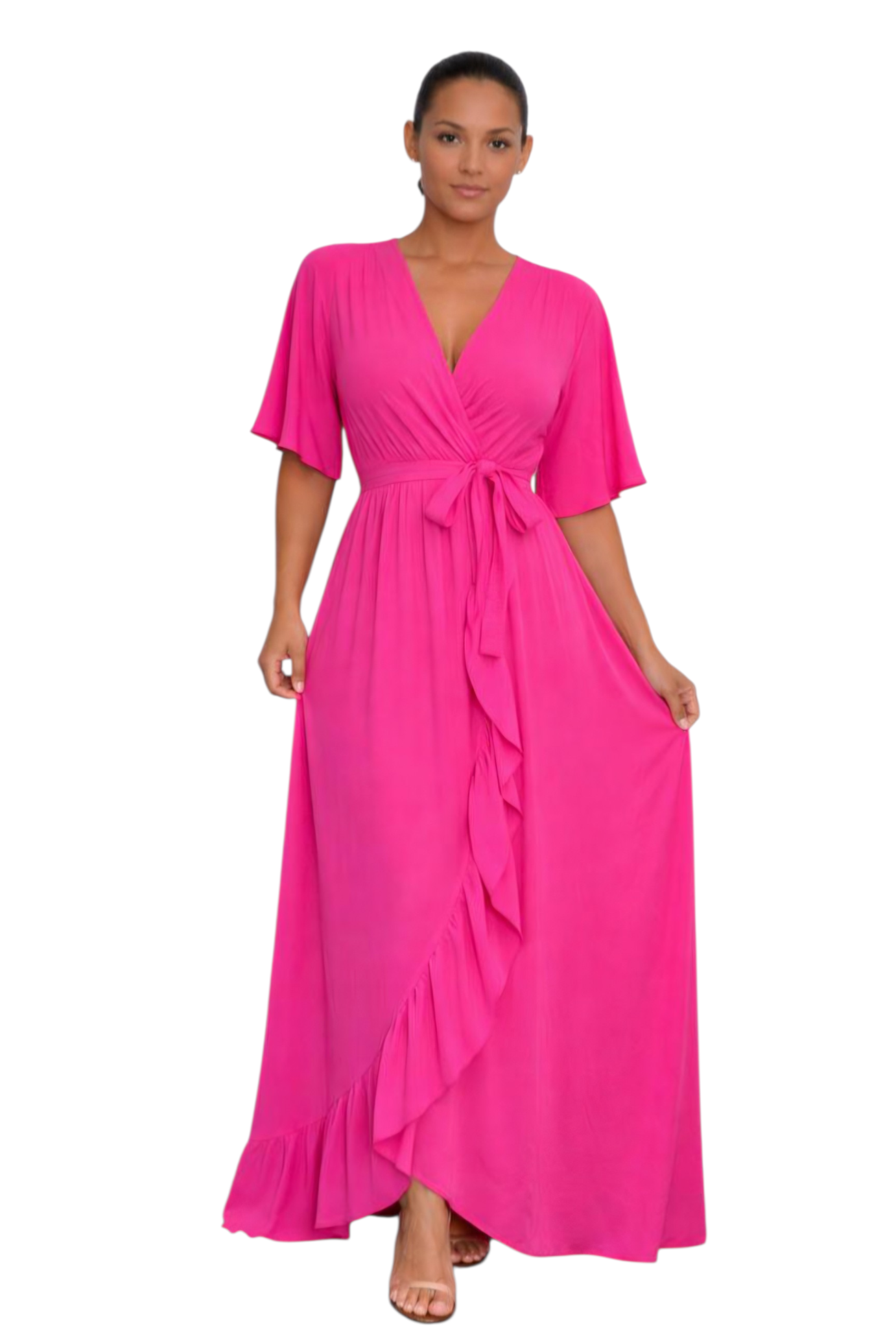 Curve front wrap dress with elasticated waist in blue, black, lime and fuscia pink