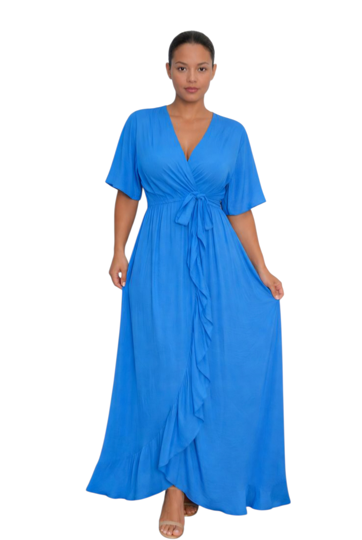 Curve front wrap dress with elasticated waist in blue, black, lime and fuscia pink