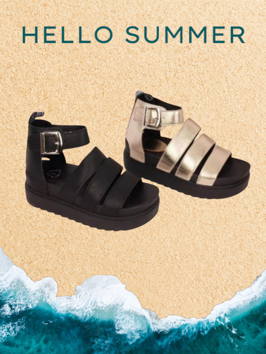 Gladiator style sandal in black and gold