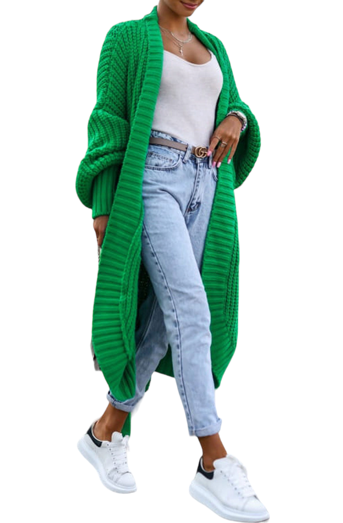 Green chunky knit belted cardi