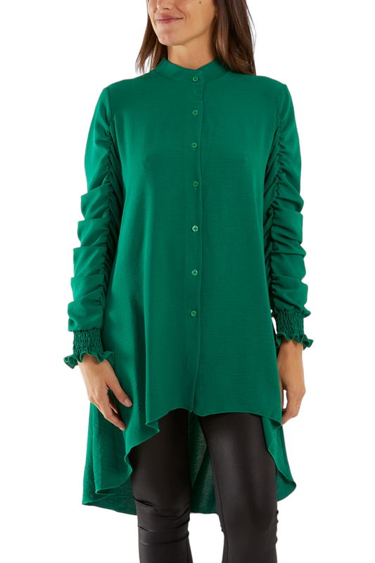 Longline blouse with ruched sleeve detail - in six colours