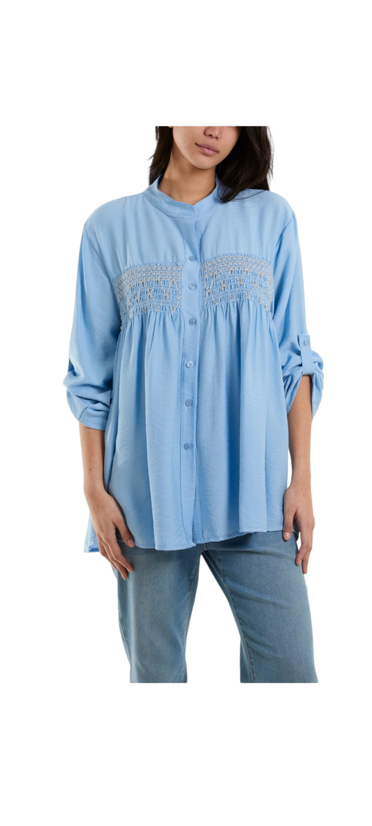 Elasticated embroidered Shirred Shirt - in six colours