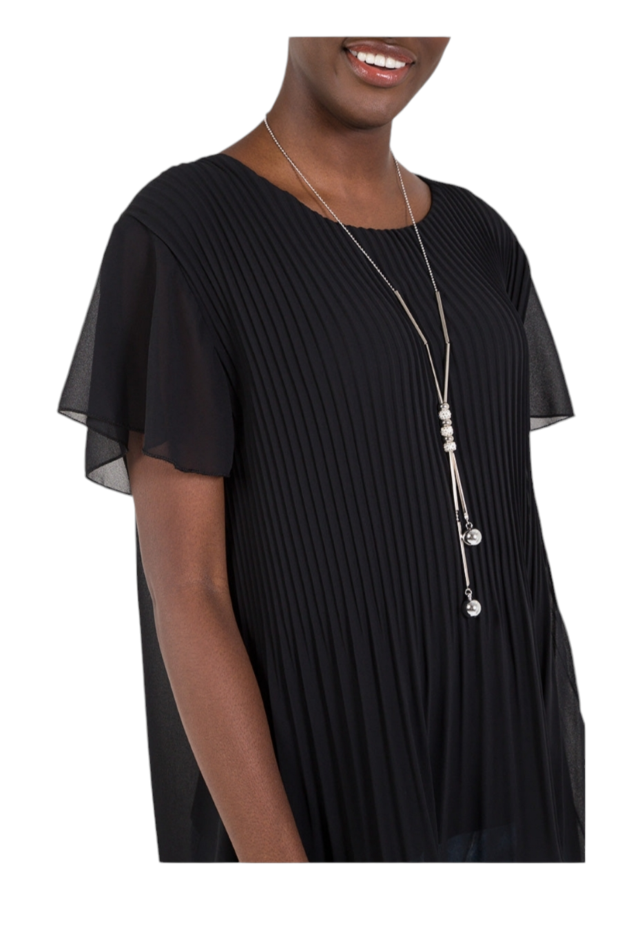 Frill sleeved pleated top with necklace - in eleven colours