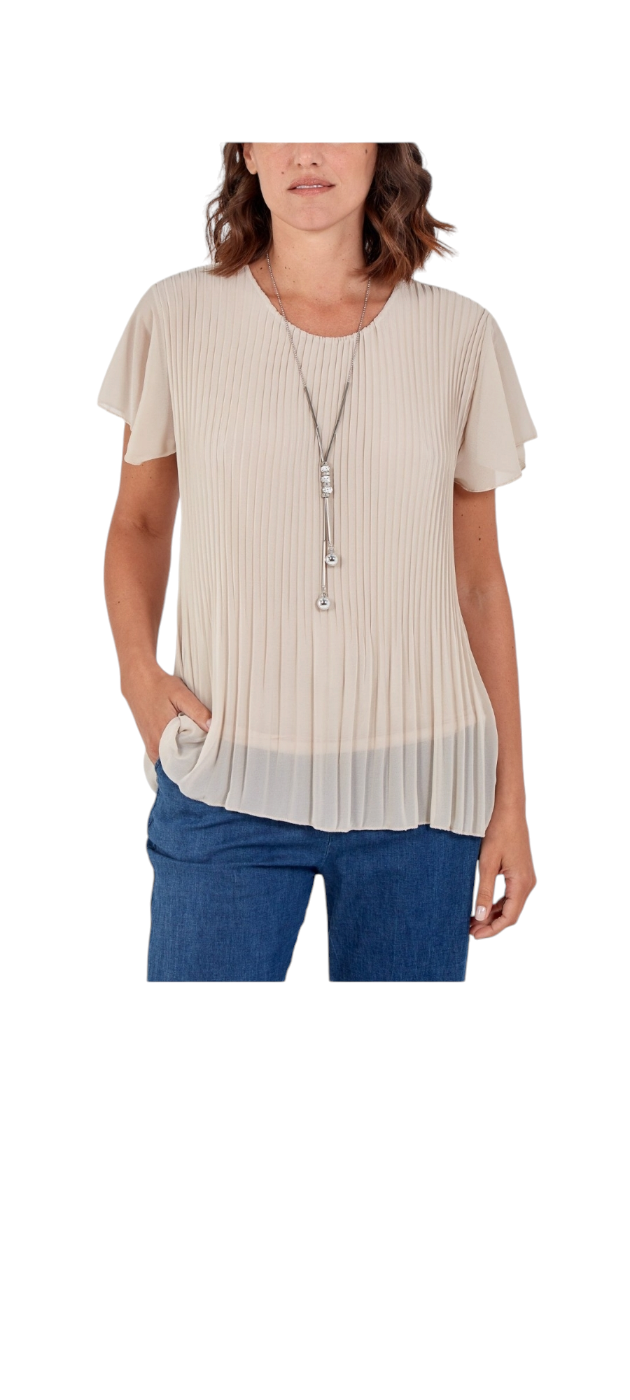 Frill sleeved pleated top with necklace - in eleven colours