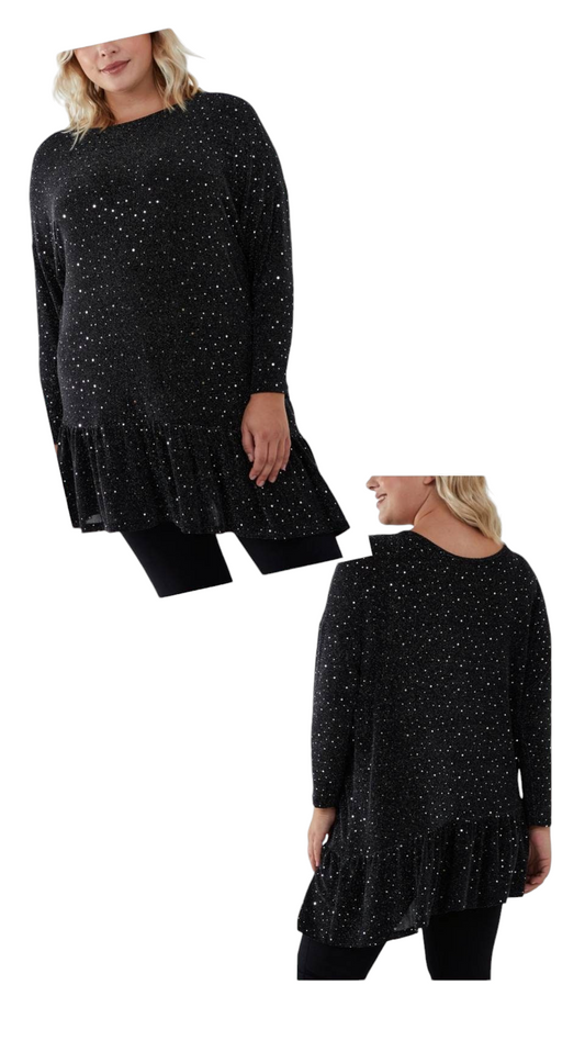 Sparkly plus size black peplum hem top