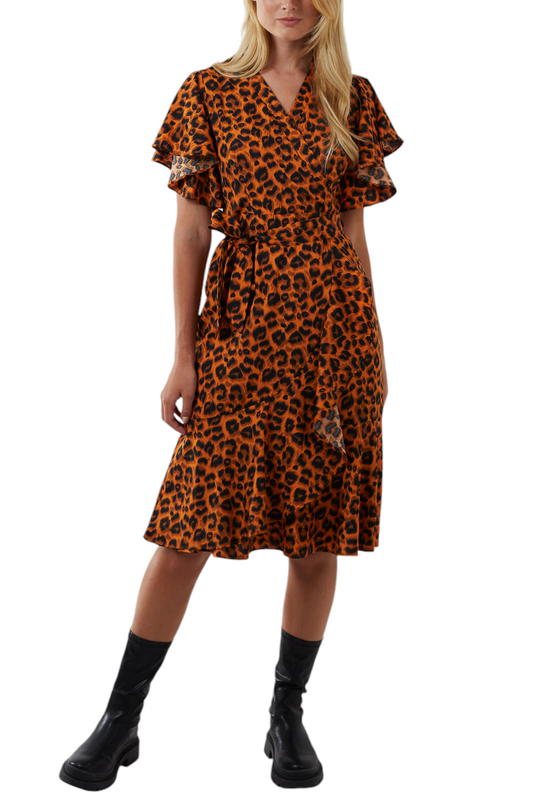 Rust orange leopard print tie waist Midi dress