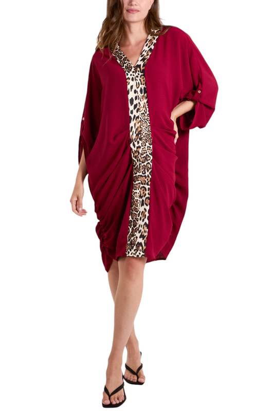 Cleo leopard trim dress - in wine, navy and khaki