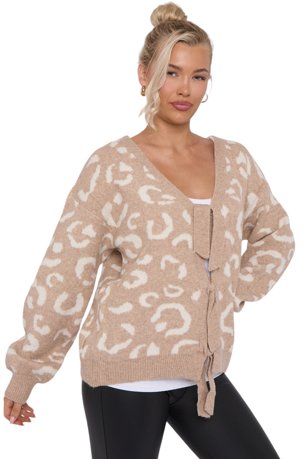 Supersoft leopard print bow jumper - in black, beige and cream