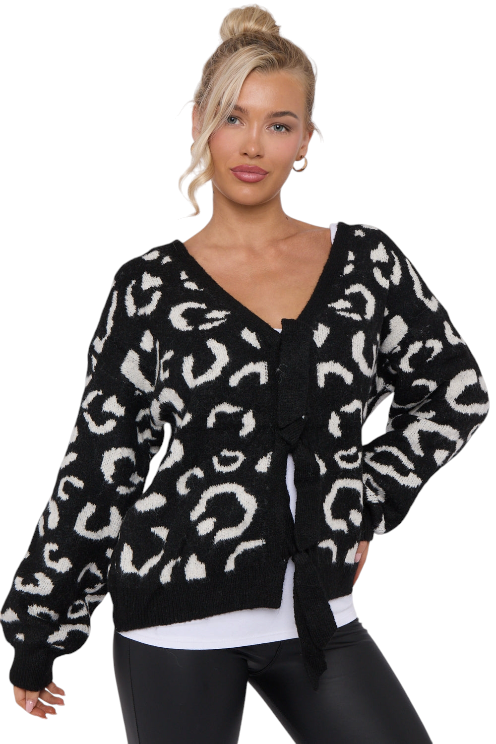 Supersoft leopard print bow jumper - in black, beige and cream