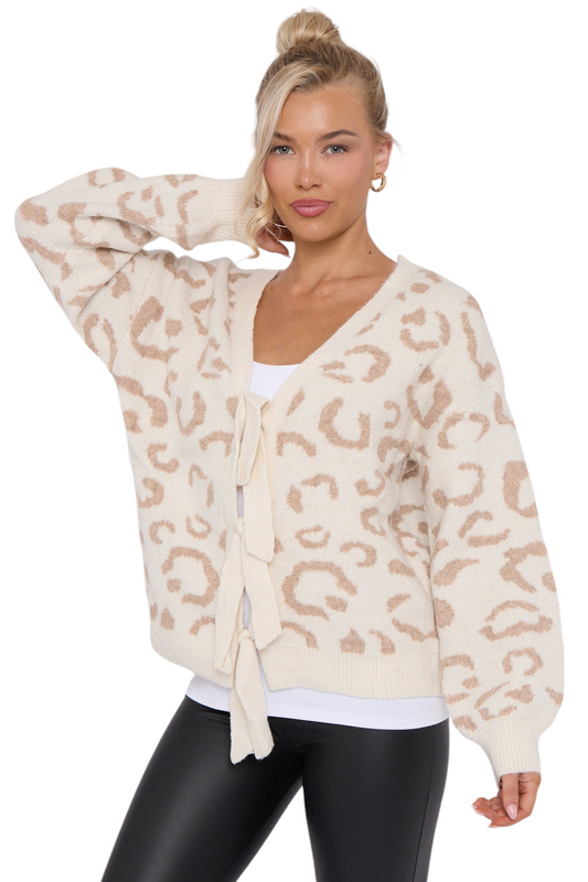 Supersoft leopard print bow jumper - in black, beige and cream