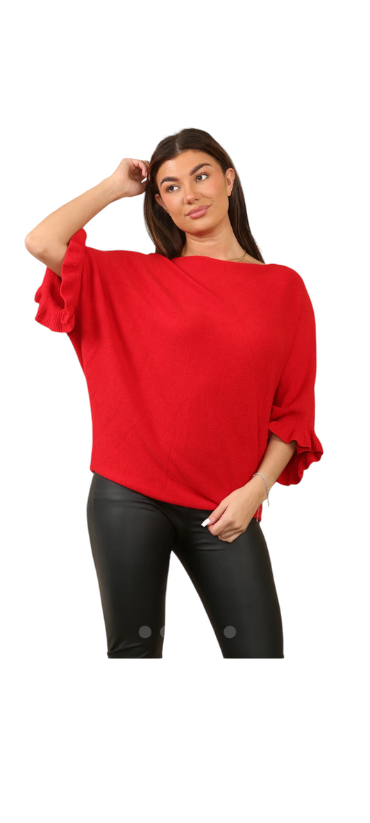 Frill sleeve batwing jumper - in red, taupe and khaki green