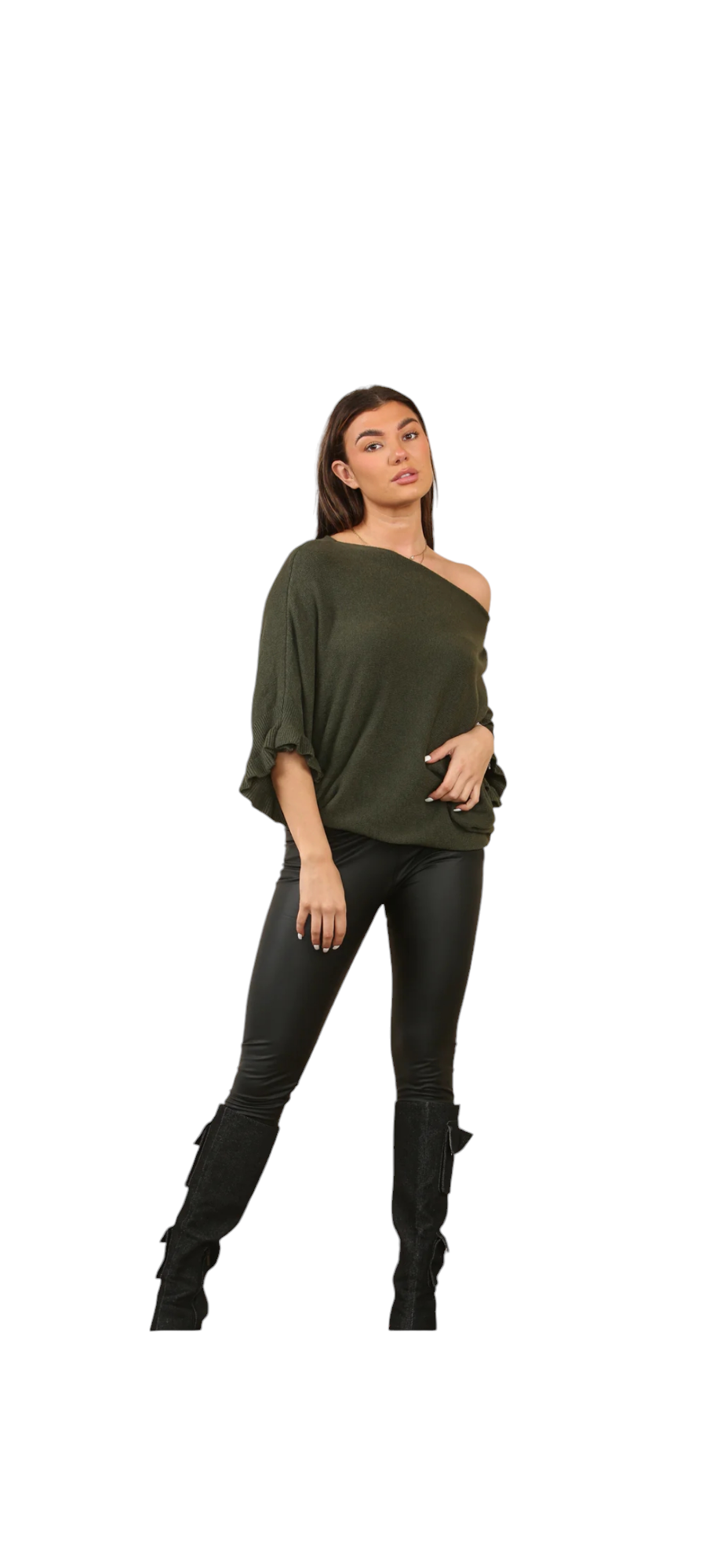 Frill sleeve batwing jumper - in red, taupe and khaki green