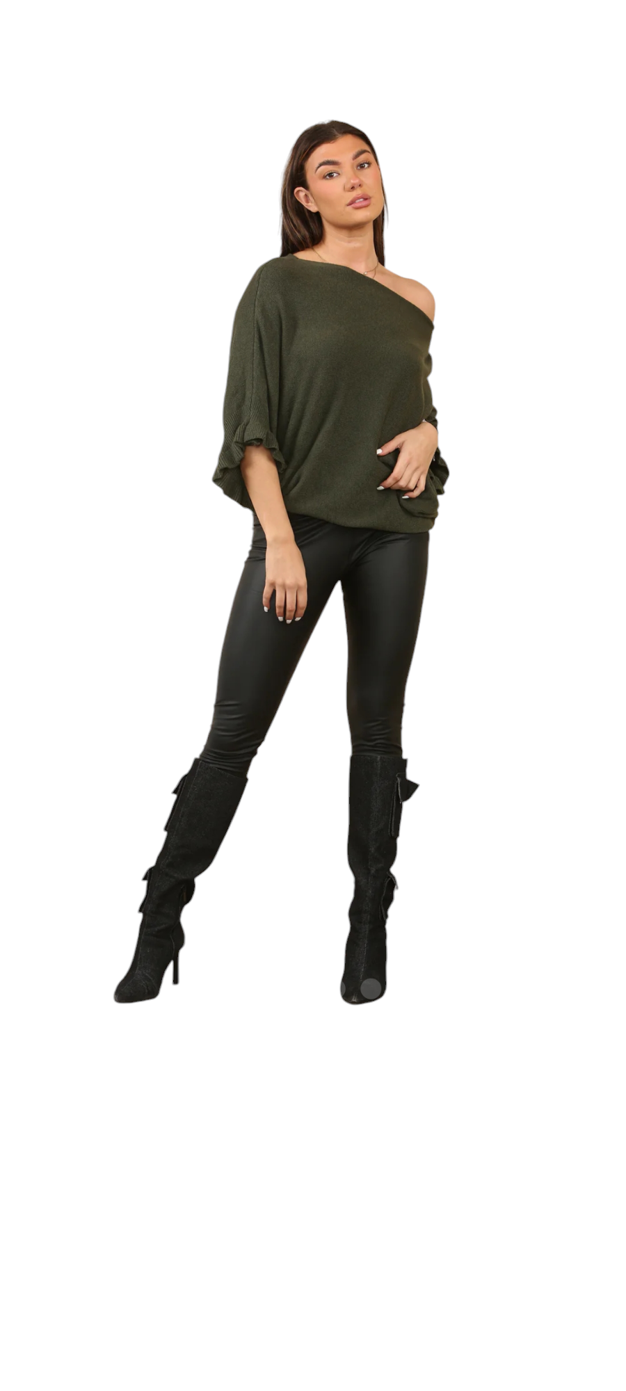 Frill sleeve batwing jumper - in red, taupe and khaki green