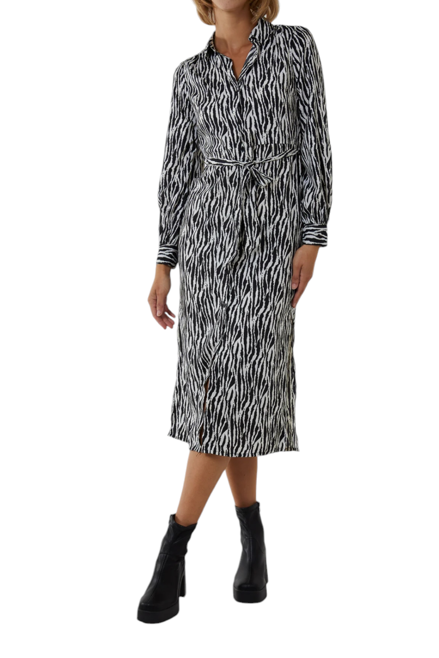 Zebra print midi shirt dress with tie waist belt