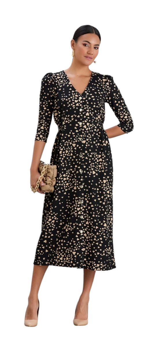 Heart print shirt midi dress with gold buttons