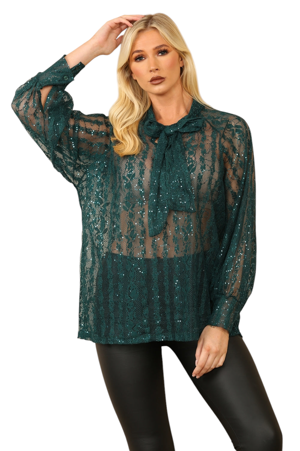 Sequin detail tie blouse in teal